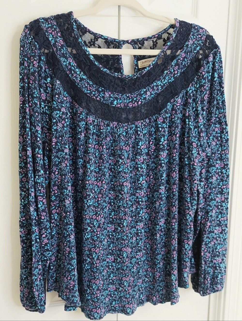 Faded Glory Top, Size XXL, Scoop Neck, Keyhole Button, Lace, Blue
